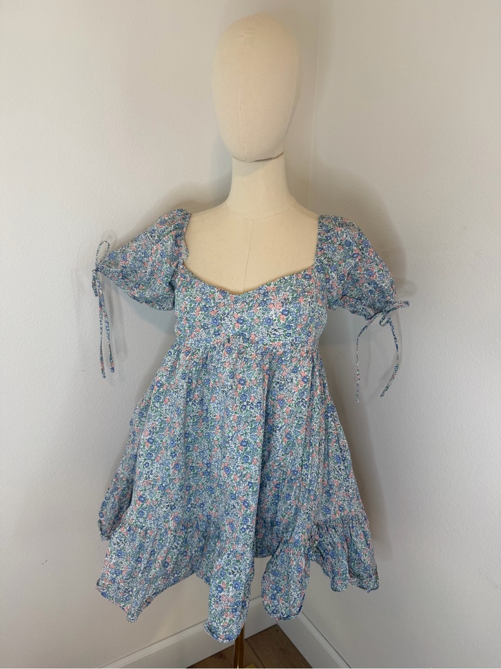 Mable Floral Puff Sleeve Babydoll Dress in Pastel Blue - Size Medium
